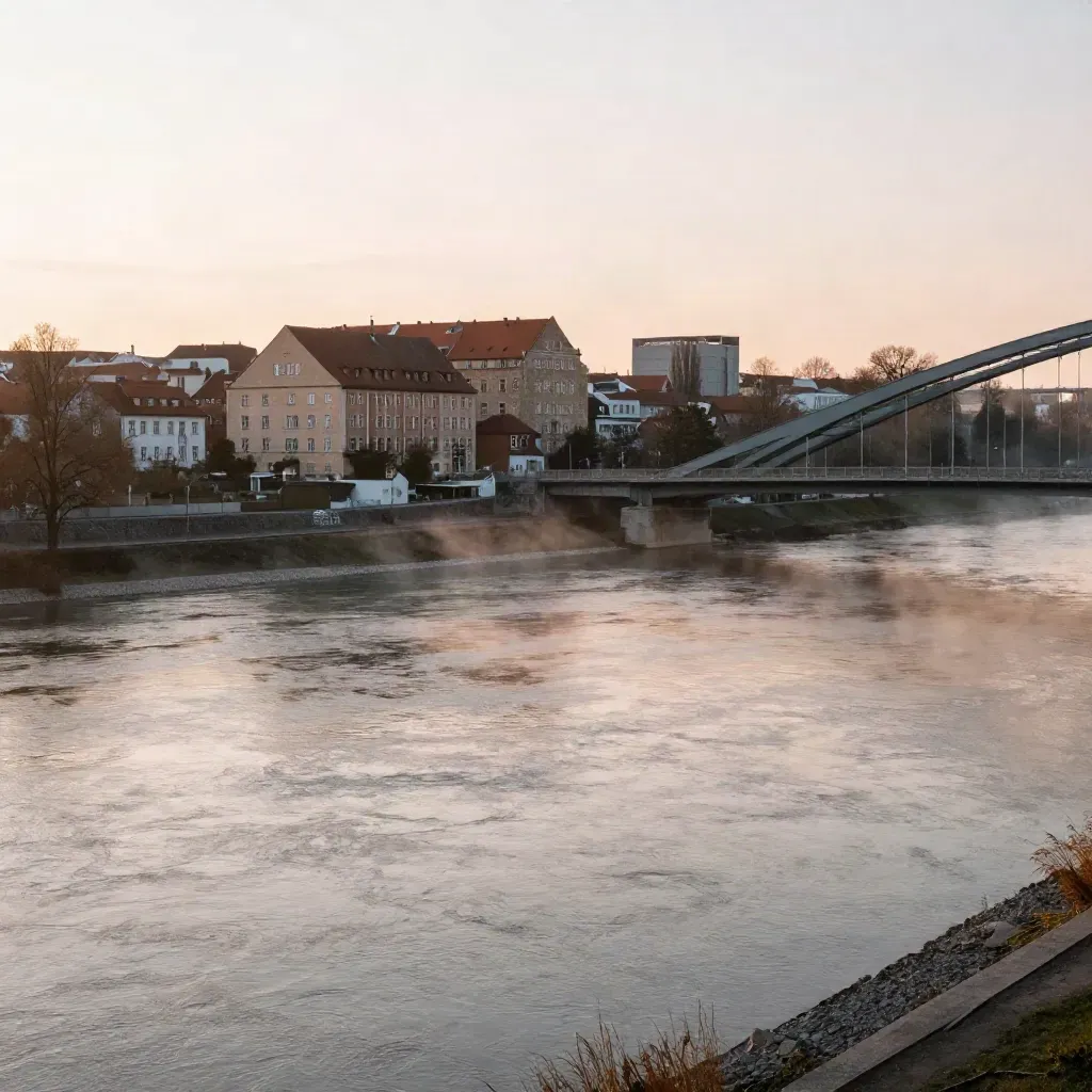 Bogenhausener Dächer und Isar im Abendlicht über München Ost mit Brückengeometrie.
