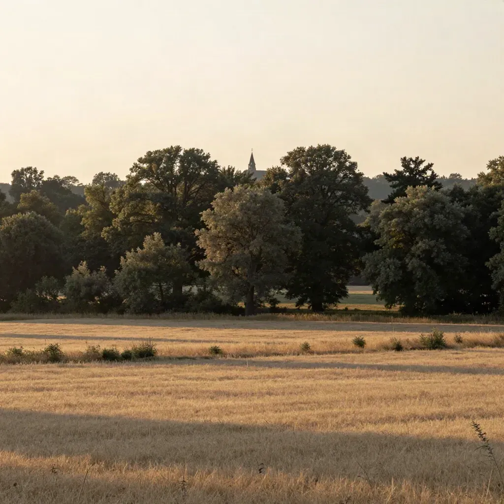 Weite Münchner Südlandschaft mit Isarwiesen, Baumkronen und fernem Kirchdach im Abendhaze
