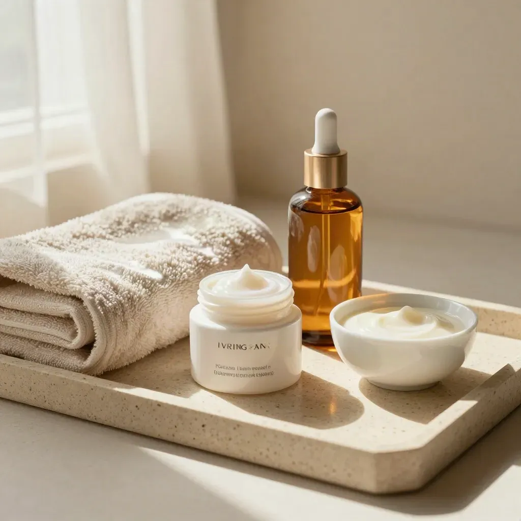 Anti-Aging-Arrangement mit Peptidcreme, Bernsteinflasche, Handtuch und Porzellanschale im Warmlicht.