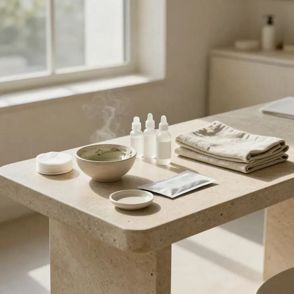 Aknepflege-Tisch mit Tonerde, Pads und Spot-Treatments im warmen Praxislicht.