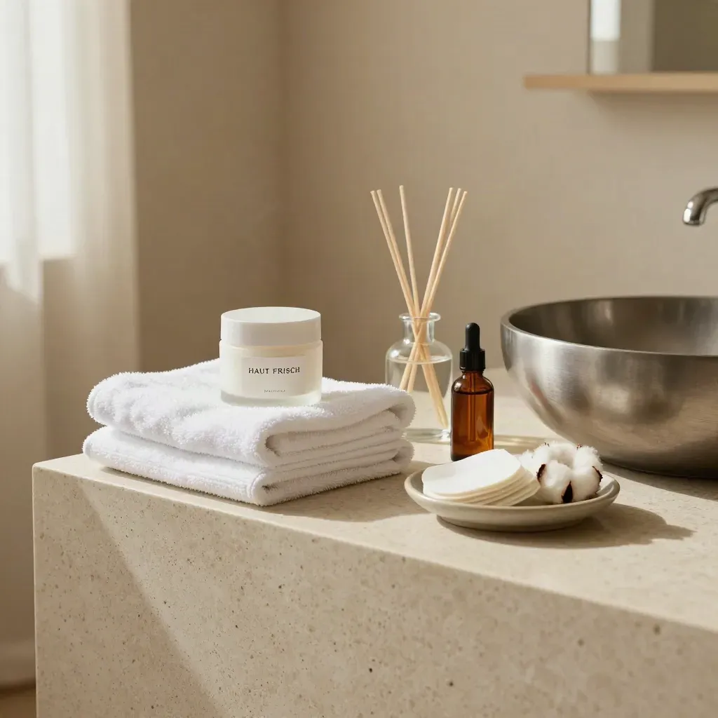 Frisch hergerichtetes Spa-Vanity mit Cremetiegeln, Handtüchern und Glasdiffusor