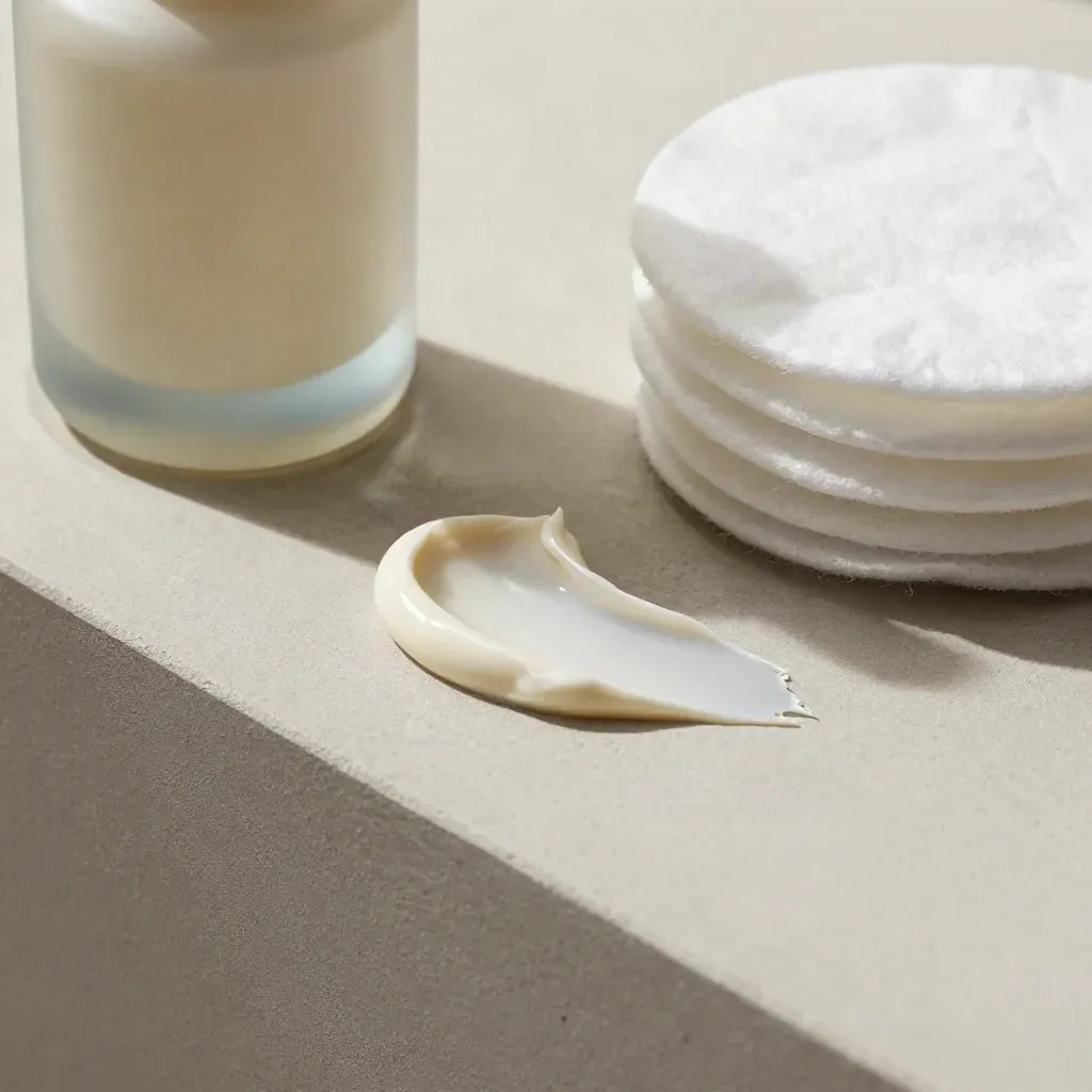 Nahaufnahme von Pumpflasche, Cremestreifen und Wattepads auf hellem Putz.