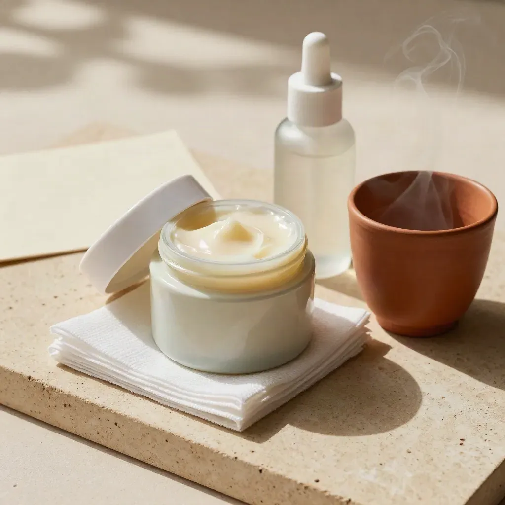 Nachsorge-Set mit Balsam, Toner, Gaze und Keramiktasse auf warmem Naturstein.