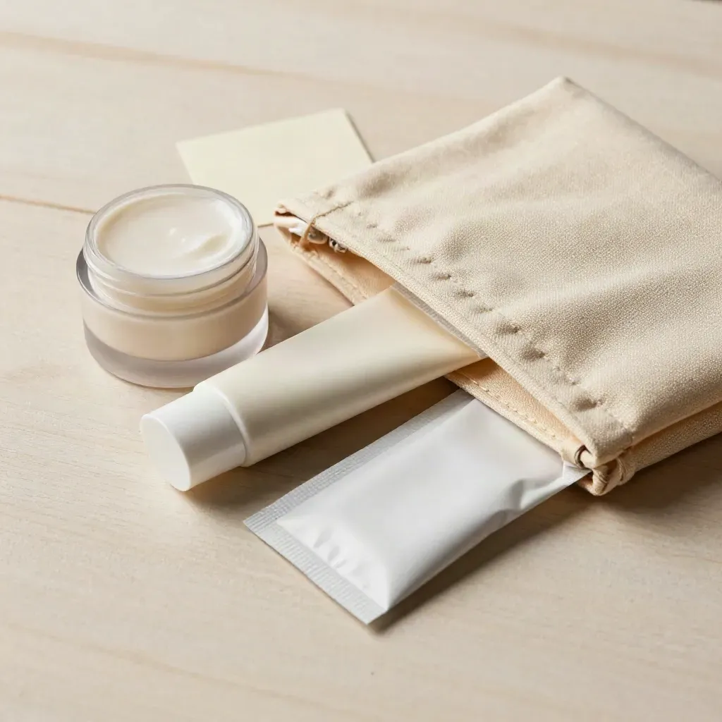 Aftercare-Set mit Creme, Sonnenschutz und Proben in Stoffbeutel auf hellem Holz.