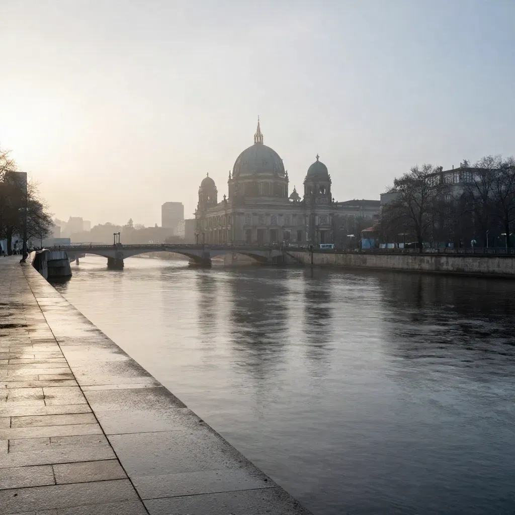 Museum Island über der stillen Spree im warmen Abendlicht nach Regen, mit Dunst und ruhigem Wasser.