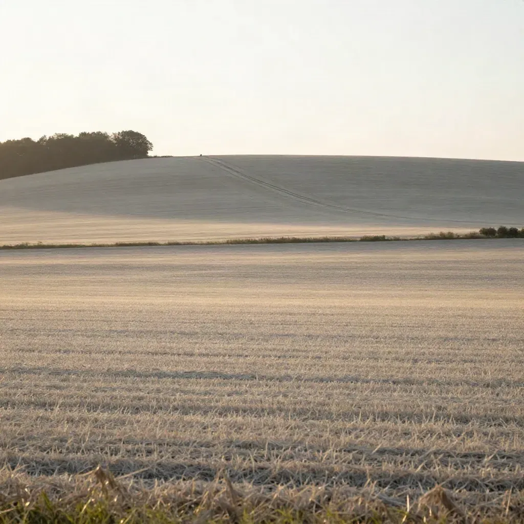 Abendliche Felder in Brandenburg Süd mit Dunst, sandigem Weg und Baumkante.
